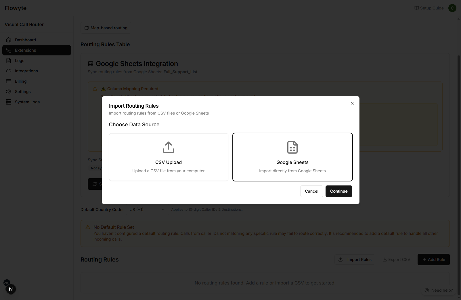 Import Rules Dialog - Select Google Sheets